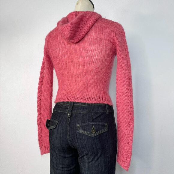 Y2K Mohair Blend Pink Open Knit Zip Sweater Cardigan Hood Pink Wet Seal Coquette - Picture 8 of 8